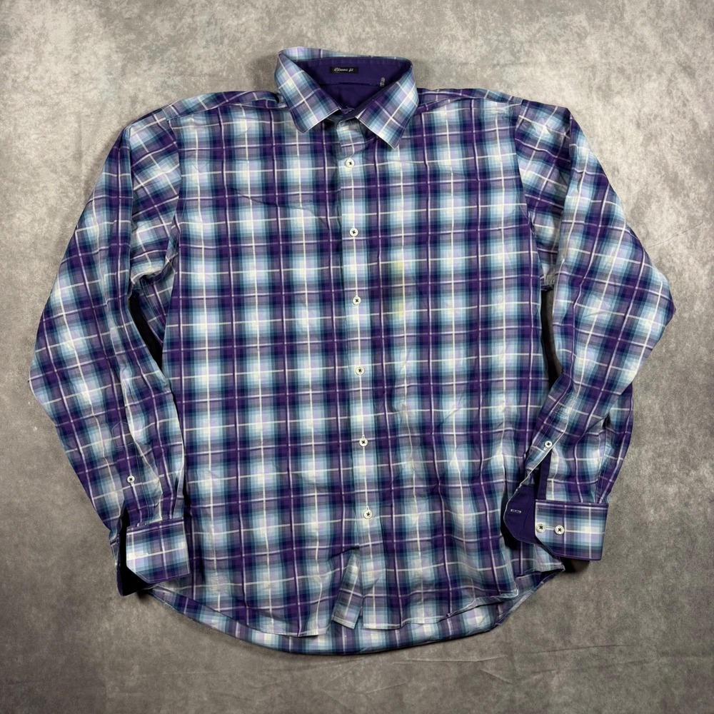 Bugatchi Uomo Mens Classic Fit Plaid Button Down Shirt Purple Blue 100% Cotton M